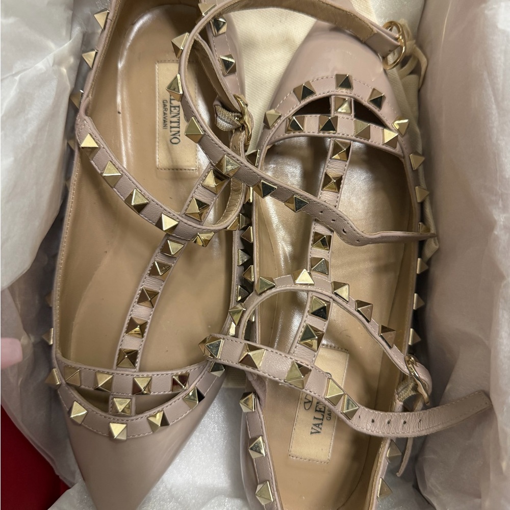 Valentino Pale Pink Rockstud Leather Pointed Flats